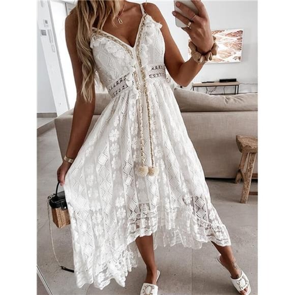 CUPSHE Women's Dresses Slip Boho Maxi Dress Lace Up Tassel V-Neck Flare Ruffle B - Picture 3 of 7